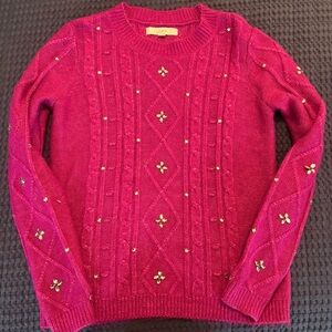 LOFT Fuchsia Beaded Cable Crewneck Sweater